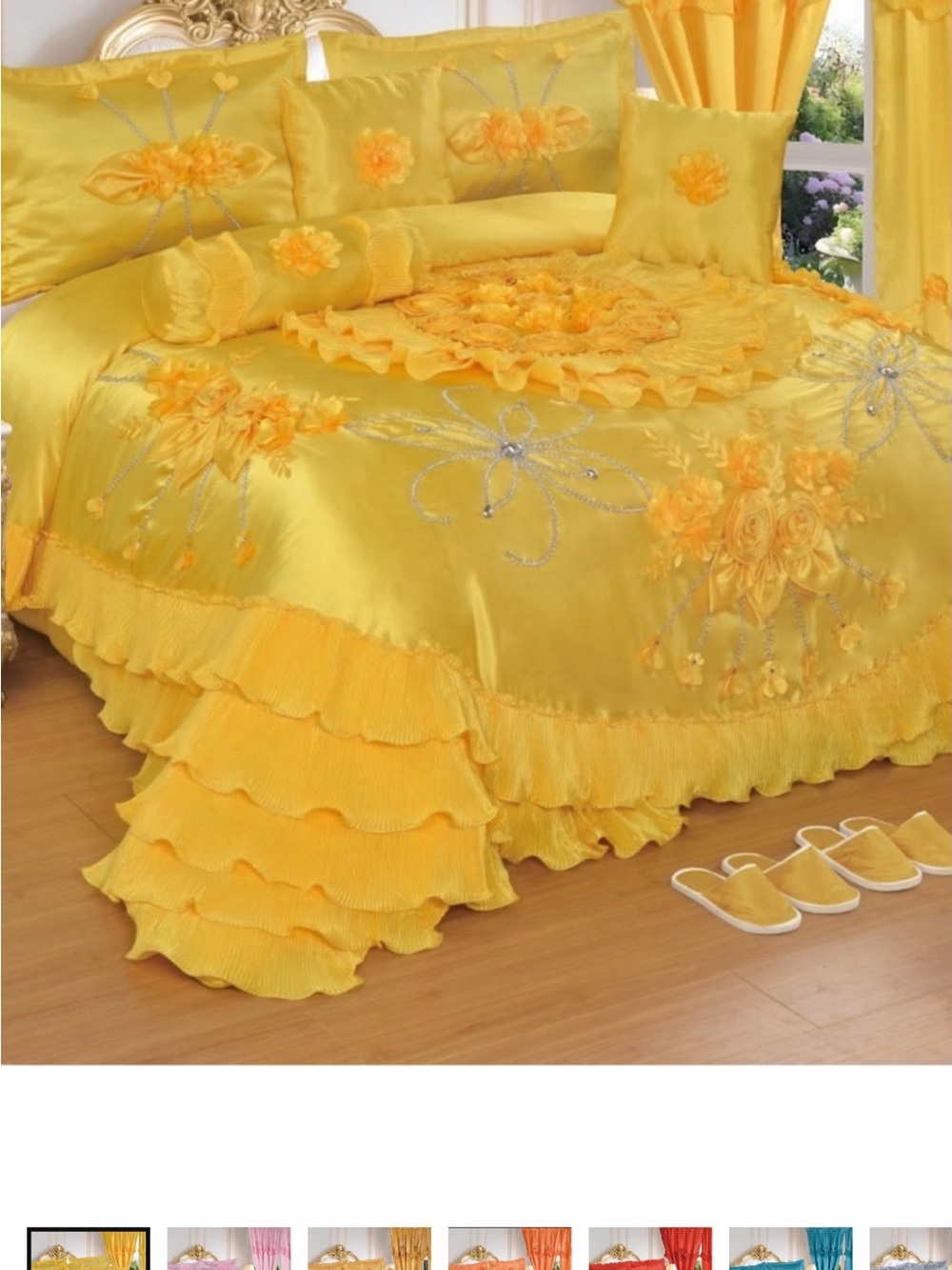 Luxury Yellow Floral Satin Bedspread Set 10 pieces